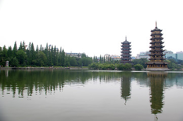 Image showing Golden tower and silver tower in the city of Guilin, China 