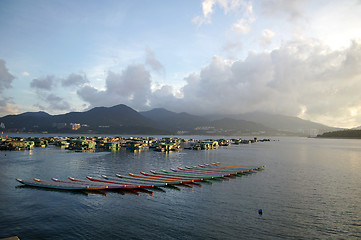 Image showing Fishing boats in Hong Kong at sunset