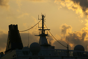 Image showing Tackles sailing ship on the background of the sunset sky