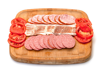 Image showing Assorted Slice Sausage, Bacon and Tomato on Cutting Board