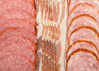 Image showing Background of Assorted Slice Sausage and Bacon