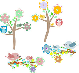 Image showing Set of autumn nature elements: owls and birds on branches