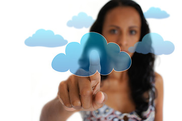 Image showing Woman pointing at a cloud