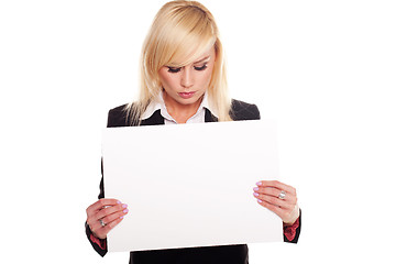 Image showing Professional woman holding a blank signboard