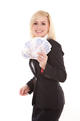 Image showing Ecstatic woman with a fistful of money