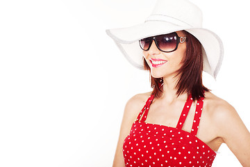 Image showing Smiling female with hat and sunglasses