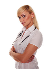 Image showing Young blonde attractive doctor with arms crossed