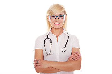 Image showing Young blonde attractive doctor with arms crossed