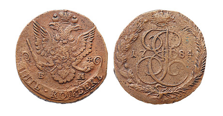 Image showing Coin of imperial Russia. 5 cents in 1784. Minting of Catherine I
