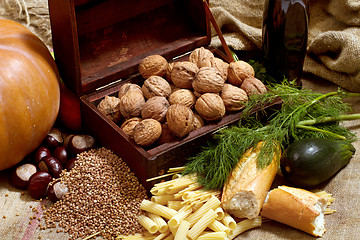 Image showing Still Life With Chest, Nuts, Pumpkin, Bread 