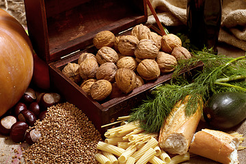 Image showing Still Life With Chest, Nuts, Pumpkin, Bread 