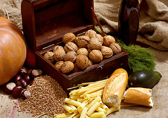 Image showing Still Life With Chest, Nuts, Pumpkin, Bread 