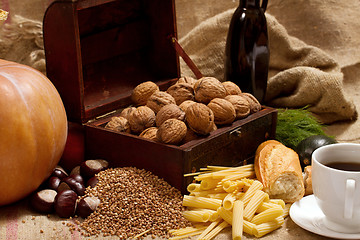 Image showing Still Life With Chest, Nuts, Pumpkin, Bread 