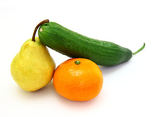 Image showing  cucumber with a tangerine and a pear 