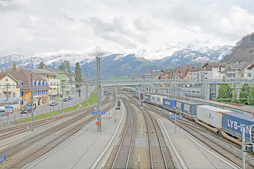 Image showing SPIEZ, SWITZERLAND - APRIL 18: Main station in the middle of a v