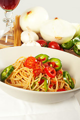 Image showing spicy italian pasta tomato and chili peppers sauce