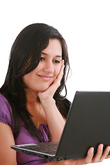 Image showing picture of pensive woman with laptop computer 