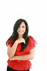 Image showing Portrait of a happy young business woman standing with folded ha