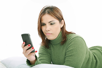 Image showing woman angry with technology isolated over a white background 