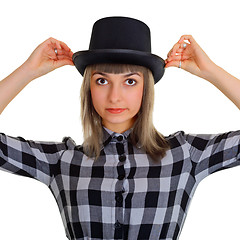 Image showing Girl in a black silk hat, isolated on white