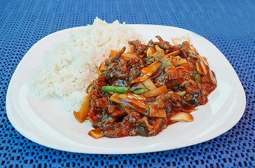 Image showing chinesse lunch with fried beef bamboo shoots and rice 