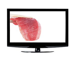 Image showing Sushi with chopstick in monitor