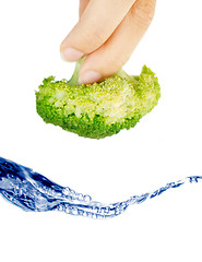 Image showing Clusters of broccoli falling into water