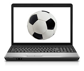 Image showing small laptop with soccer football ball