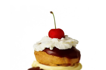 Image showing tasty cake with cherry topping, isolated on white