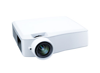 Image showing switched-on multimedia projector on white