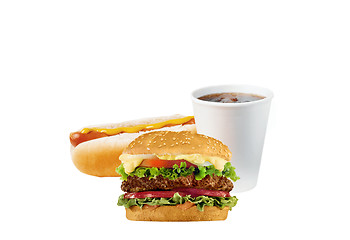 Image showing Cheeseburger hamburger meal with french fries and soda drink