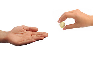 Image showing A female hand with coin isolated