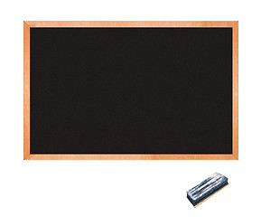 Image showing empty blackboard with wooden frame and chalks
