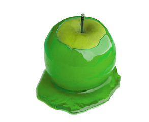 Image showing Maple syrup being poured on a green apple on white