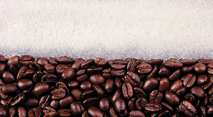 Image showing background  coffee beans with lumps of sugar