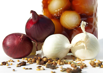 Image showing Onions, spices and a jar