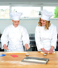 Image showing Senior chef teaching newbie female chef