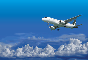 Image showing Airliner is landing on cloudy sky background - illustration
