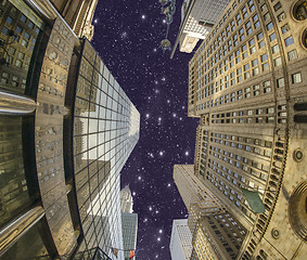 Image showing Upward view of Manhattan Skyscrapers in the Night