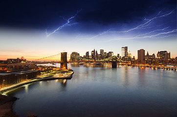 Image showing Stunning Colors of Sunset over Brooklyn Bridge