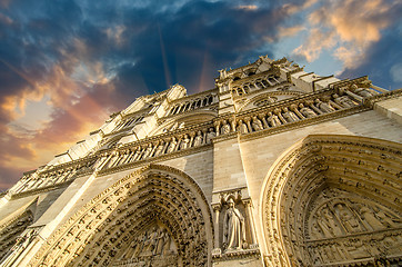 Image showing Low-angle view of Notre-Dame Cathedral in Paris