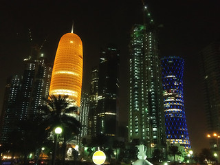 Image showing Skyscrapers at Night in Doha, Qatar