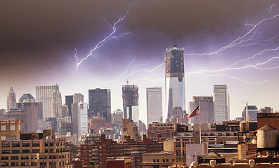 Image showing Manhattan Skyscrapers and Buildings with Cloudy Sky
