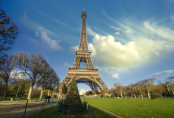 Image showing Curves of the Eiffel Tower under blue sky at shiny Winter mornin