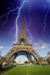 Image showing Storm and Lightnings above Eiffel Tower