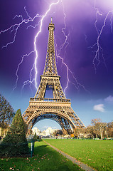 Image showing Storm above Eiffel Tower, view from Champs de Mars