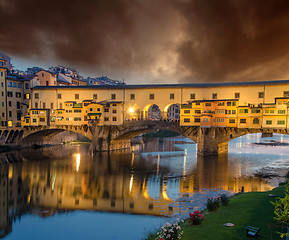 Image showing Sunset colors in Florence, Ponte Vecchio, Italy