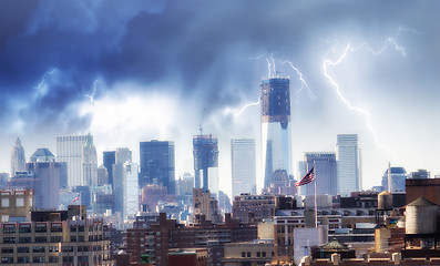 Image showing Manhattan Skyscrapers and Buildings with Cloudy Sky