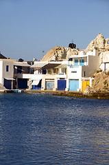 Image showing fisherman houses rock cliffs  Mediterranean Sea Firopotamos Milo