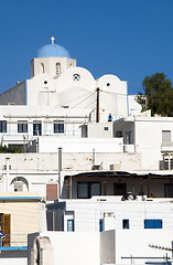 Image showing  Cyclades architecture white buildings with blue shutters dome c